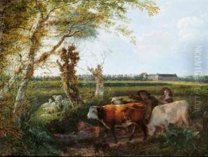 A Shepherd And Shepherdess Driving Cattle Along A Track By A Meadow by Gerard van Nymegen