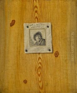A 'trompe L'oeil' Of A Rembrandt Self Portrait Etching, Pinned To A Wooden Surface by Willem van Nymegen