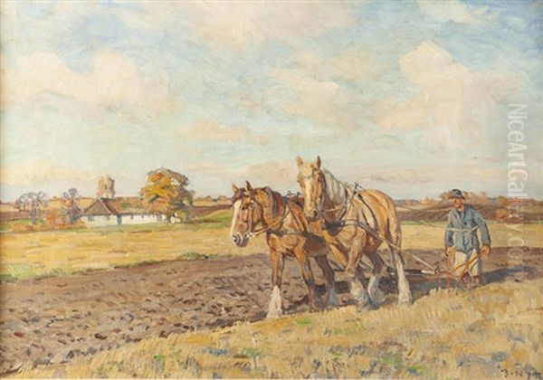 Man Plowing A Field With Horses - view 1