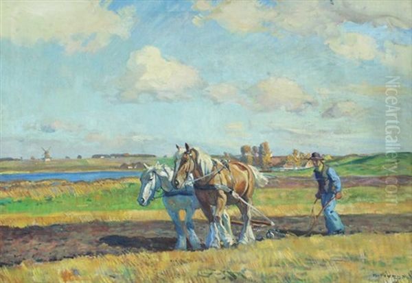 Panoramic Dutch Plowing Scene With Horses And Farmer, Windmills In The Distance - view 1