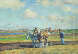 Panoramic Dutch Plowing Scene With Horses And Farmer, Windmills In The Distance by Borge Christoffer Nyrop