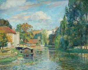 City Scene By A River, Likely France by Borge Christoffer Nyrop