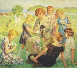 Dansk Sommerlandskab Med Piger, Der Binder Blomster, I Baggrunden Dansende Studiner