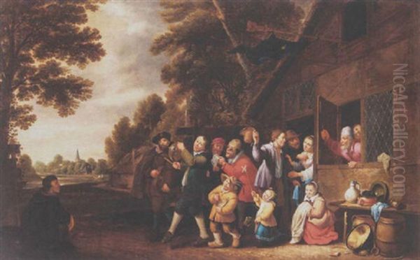A Procession Of Peasants Leaving A Coutry Inn, Playing Musical Instruments And Singing - view 1
