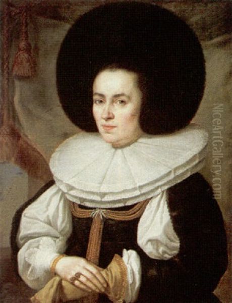 Portrait Of A Lady, Wearing A Black Dress With A Broad Lace Ruff And Fur Hat - view 1