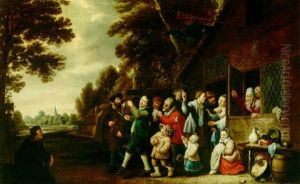 A Procession Of Peasants Leaving A Country Inn, Playing Musical Instruments And Singing by Pieter Nys