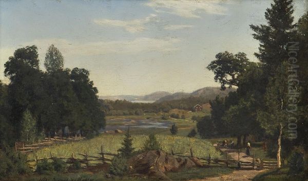 Landskap Med Gardsbruk Og Folkeliv - view 1