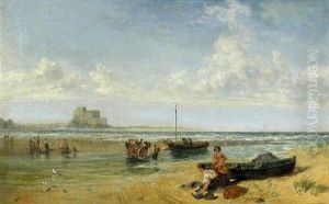 A Castle By The Seashore, With Fisherfolk Crossing An Estuary By Horse-drawn Cart by John Wright Oakes