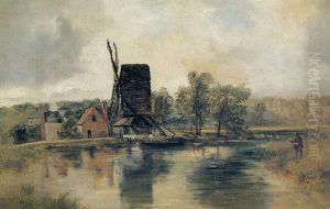 Angler Fishing Beside A Windmill by John Wright Oakes