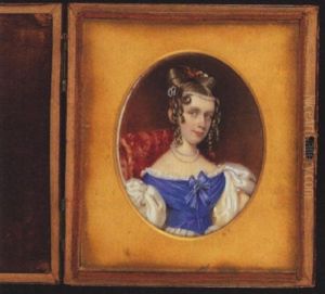 A Young Lady Wearing Decollete Dess With Blue Bodice, White Skirt And Lace Trim, A Bow At Her Corsage, Pearl Necklace And Strand In Her Hair, In Ringlets With A Comb by Octavius Oakley
