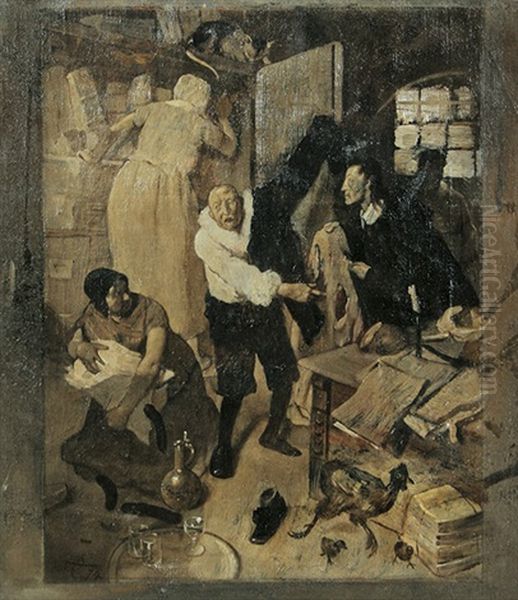 Der Zerbrochene Krug. Der Uber Die Nachricht Des Bald Eintreffenden Gerichtsrats Erschrockene Dorfrichter Adam Last Hektisch Von Den Magden Seine Perucke Suchen. Szene Aus Heinrich Von Kleists Gleichnamigen Lustspiel - view 1