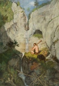 Rastender Riese Und Braunbar Bei Einer Felsquelle by Adolf Oberlander