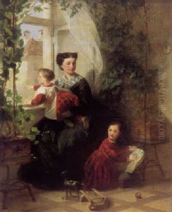 Junge Mutter Mit Zwei Kindern Am Fenster (frau Des Kunstlers Mit Ihren Kindern?) by Adolf Oberlander