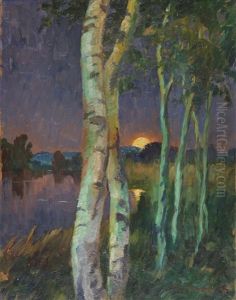 Birken Bei Sonnenuntergang by Hans-Emil Oberlaender