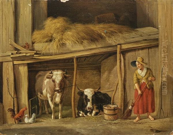 Farmers Wife With Cows In The Barn - view 1
