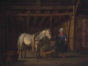 Family With A Grey Horse In A Stable