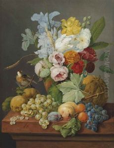 An Abundant Bouquet Of Pink Roses, Tulips, Irises And Rhododendrons In A Vase With A Goldfinch And Fruits