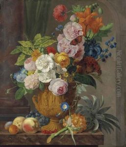 Roses, Lilies, A Sheaf Of Wheat, Morning Glories And Other Flowers In A Sculpted Urn...