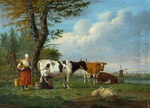 Hirtinnen Mit Weidevieh Vor Weiter Landschaft Mit Windmuhle