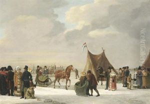 Auf Dem Eise. Zahlreiche Personen Mit Schlitten Auf Einem Zugefrorenem See by Anthony Oberman