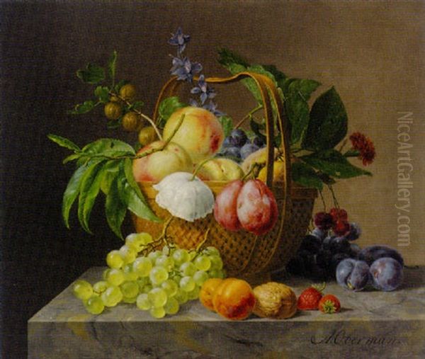 Grapes, Apples, Cherries And Other Fruit With Flowers In Basket, Walnut, Plums, Apricots And Grapes On Marble Ledge - view 1