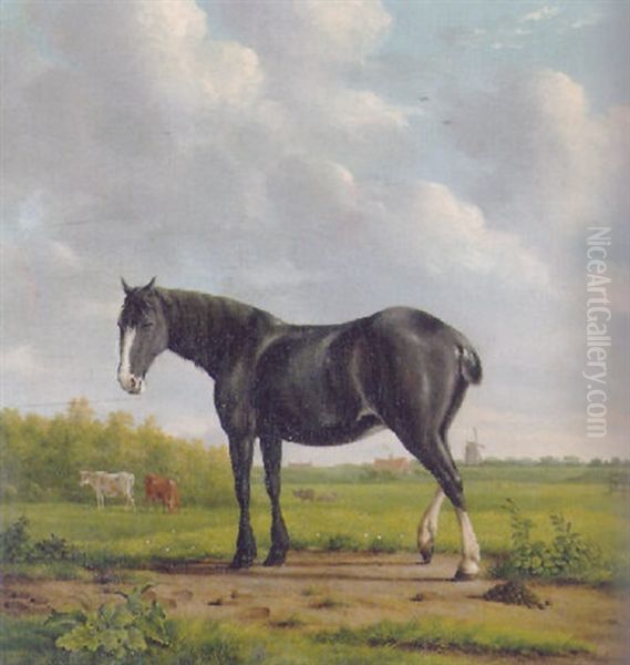 A Horse Standing In A Landscape, Cows In A Meadow Beyond, A Mill In The Distance - view 1