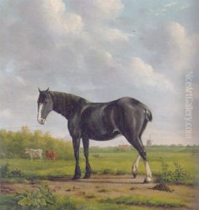 A Horse Standing In A Landscape, Cows In A Meadow Beyond, A Mill In The Distance