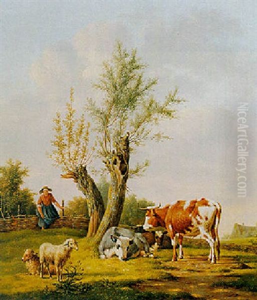 A Shepherdess With Sheep And Cows - view 1