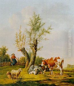 A Shepherdess With Sheep And Cows