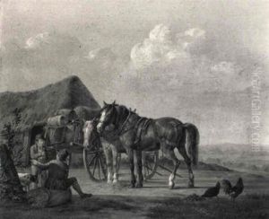 Peasants And Horses Resting By A Shed by Anthony Oberman