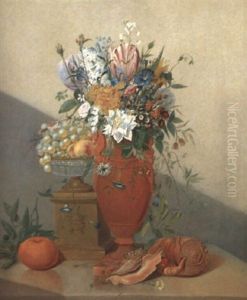 Stilleben Mit Blumenstraus In Urnenvase, Obstgef_lltem Tafelaufsatz...