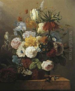 Still Life Of Flowers In A Vase On Stone Ledge