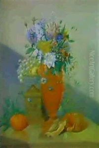 Stilleben Mit Einem Blumenstrauss In Einer Ornamental       Verzierten Tonvase, ...