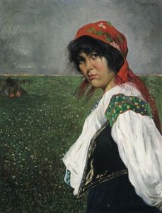 Portrait Eines Zigeunermadchens Vor Eine Pusztalandschaft Portrait Eines Zigeunermadchens Vor Eine Pusztalandschaft