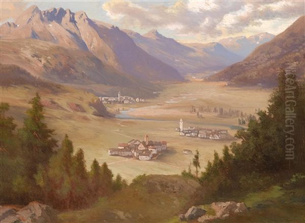 Das Thal Von Samaden Mit Dem Piz Albula Und Den Orten Samaden, Cresta, Allerina. Thalschlus Gegen Tarasp. Schweiz. Engadin (+ Naturstudie: Landschaft Mit Blick Auf Den Gosausee Und Den Dachstein(?), 2 Works) - view 1