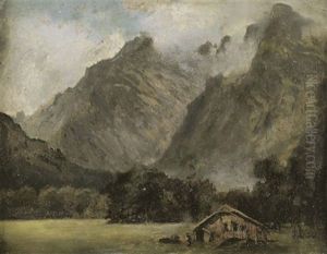 Gebirgstal Mit Hutte Und Staffagefigur