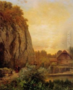Figures On A Path By A River With A Cabin Beyond by Adolf Obermuellner