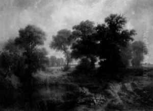 Romantisierende Landschaft Mit Machtigen Eichen Und Einem Kleinen Fluslauf Im Vordergrund by Adolf Obermuellner