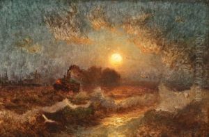 Nocturnal Marine Scene With St. Petersburg Skyline In The Distance by Nikolai Obolensky