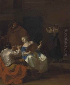 An Interior With An Elegant Woman Playing A Lute And A Man Playing A Flute, A Maid By The Fireplace Beyond