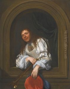 A Musician, Holding A Trumpet And A Hat, Leaning Over A Stone Niche