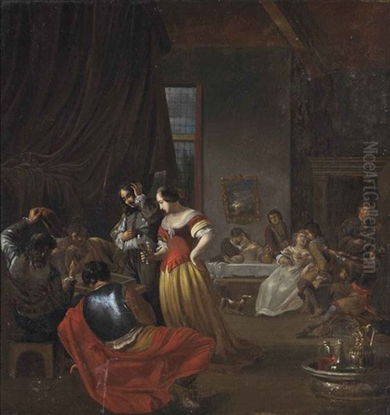 An Interior With Elegant Figures Playing Backgammon And Others Merrymaking - view 1