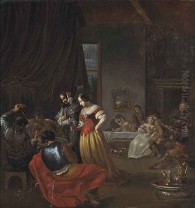 An Interior With Elegant Figures Playing Backgammon And Others Merrymaking