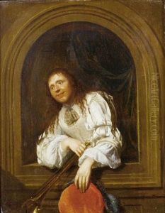Portrait Of A Gentleman In A White Silk Chemise And A Red Waistcoat, Holding A Trumpet, Standing At An Arched Window