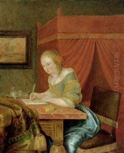 Dame In Einem Interieur, Einen Brief Schreibend by Jacob Ochtervelt