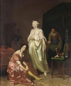 An Interior With Two Elegant Ladies Making Their Toilet Together With A Maid Making The Bed And A Dog On A Chair