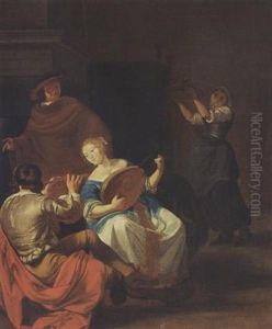 An Elegant Couple Playing Music, With A Gentleman Listening And A Maid Serving by Jacob Ochtervelt