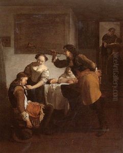 A Domestic Interior With Figures Teasing A Sleeping Soldier by Jacob Ochtervelt