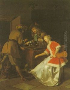 Tric-trac Players With A Lady And Her Dog In An Interior