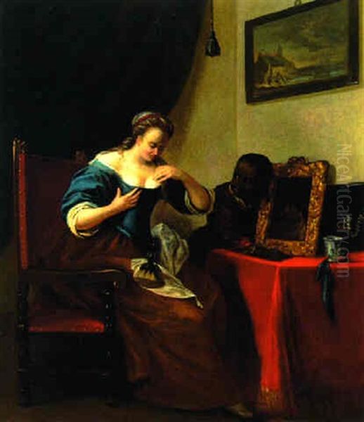 A Lady At Her Toilet With A Servant Holding A Mirror - view 1